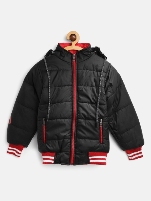 

GAME BEGINS Boys Black Solid Bomber Jacket with Detachable Hood