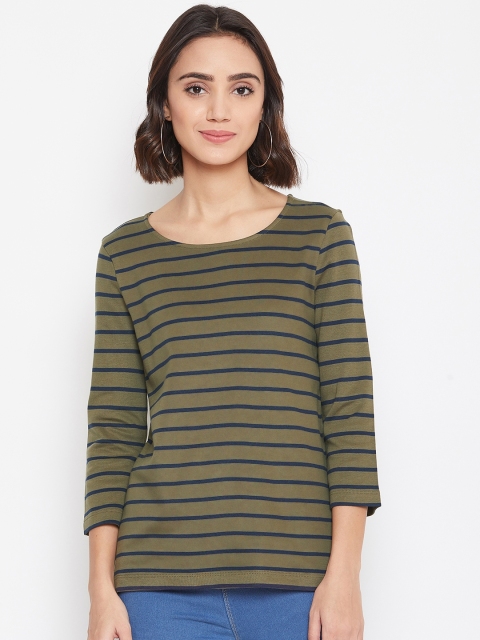 

Vero Moda Women Olive Green & Navy Blue Striped Round Neck T-shirt