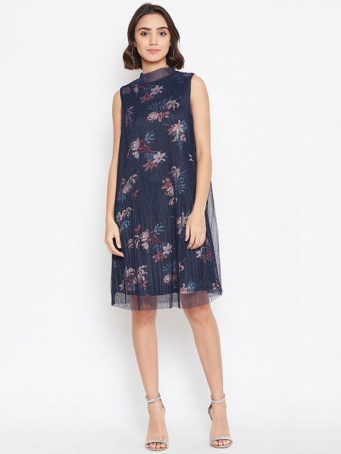 

Vero Moda Women Navy Blue & Pink Printed Accordian Pleated Layered Shift Dress