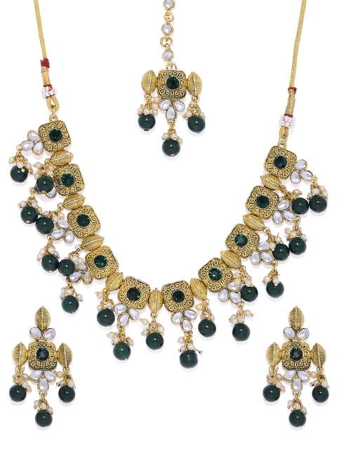 

Alamod Women Gold Plated Kundan Stone & Pearl Necklace Maangtikka Set