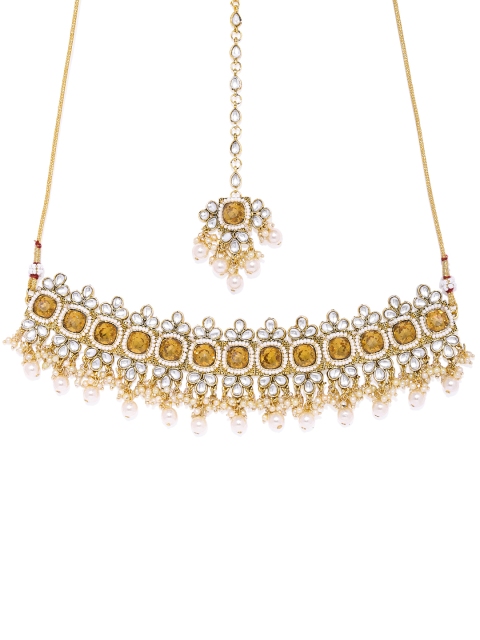 

Alamod Women Gold Plated Kundan Stone & Pearl Necklace Maangtikka Set