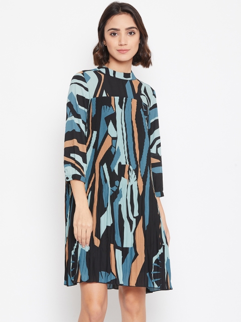 

Vero Moda Women Black & Blue Accordion Pleats Printed A-Line Dress