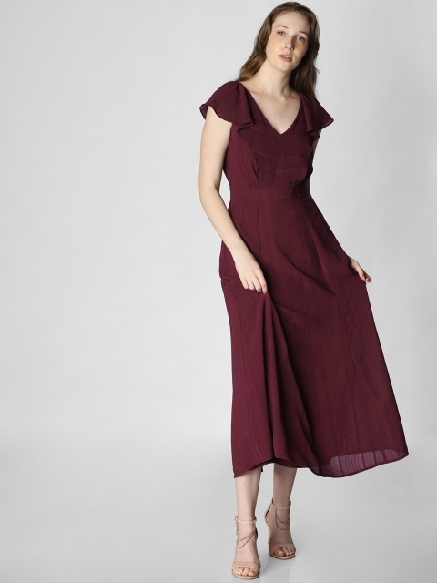 

Vero Moda Women Burgundy Striped Fit and Flare Dress With Ruffles Detail