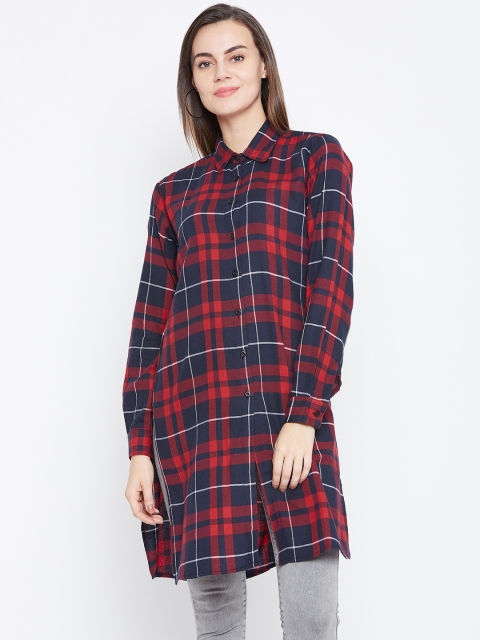 

One Femme Women Red & Navy Blue Checked Tunic