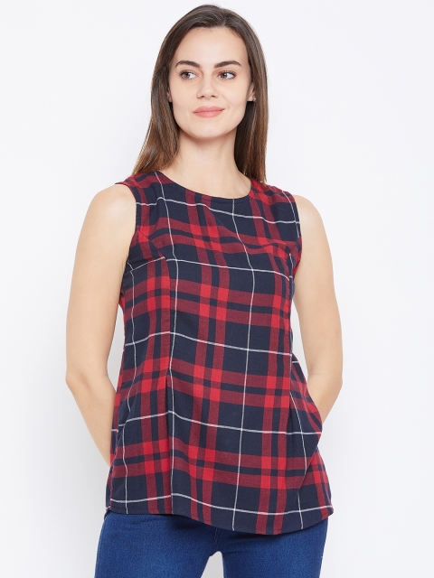 

One Femme Women Red & Navy Checked Regular Top