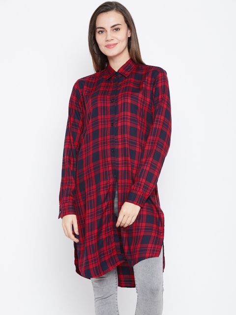 

One Femme Women Red & Navy Blue Checked Tunic