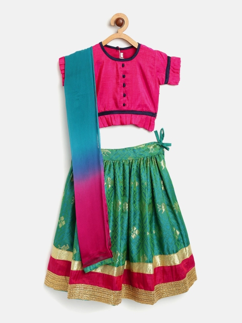 

BownBee Girls Green & Pink Ready to Wear Pattu Pavadai with Dupatta