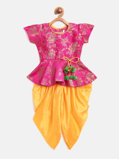 

BownBee Girls Pink & Yellow Self Design Kurti with Dhoti Pants