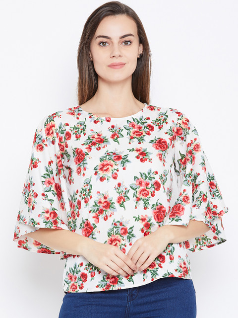 

One Femme Women White & Red Floral Printed Top