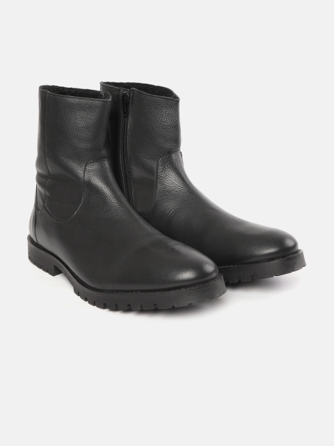 

Carlton London Men Black Solid Leather Mid-Top Flat Boots