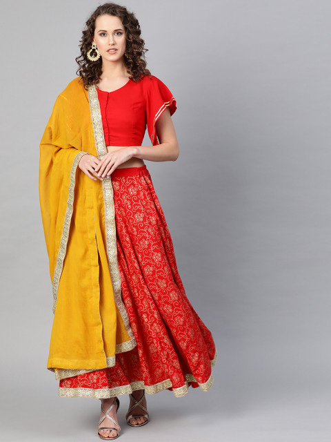 

Bhama Couture Red & Yellow Foil Print Lehenga Choli With Dupatta