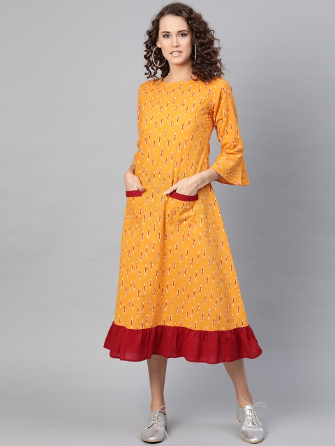 

Bhama Couture Women Yellow & Maroon Ikat Print A-Line Dress, Mustard