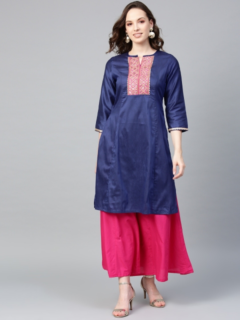 

Bhama Couture Women Navy Blue & Pink Yoke Design Kurta with Palazzos