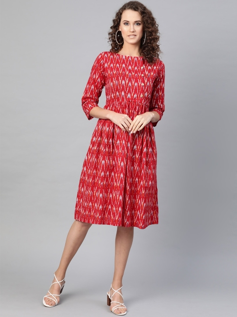 

Bhama Couture Women Red & White Ikat Print A-Line Dress