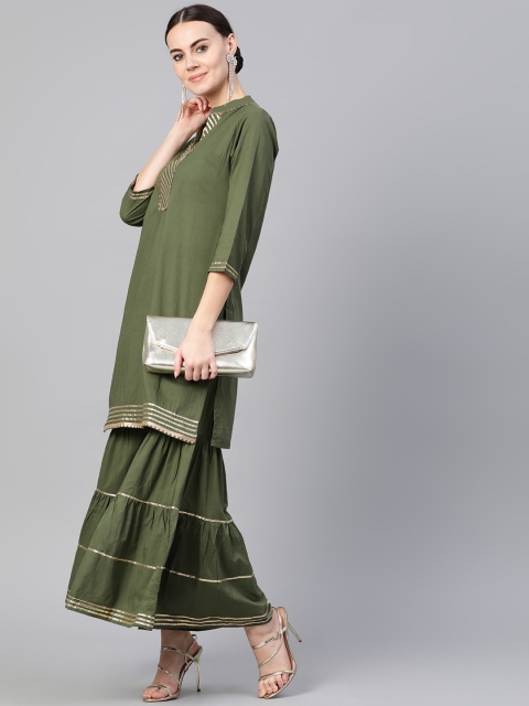 

Bhama Couture Women Olive Green Gotta Patti Detail Kurta with Sharara