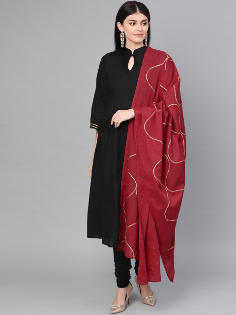 

Bhama Couture Women Black & Maroon Solid Kurta with Churidar & Dupatta