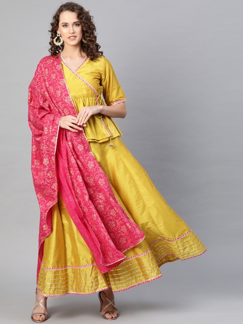 

Bhama Couture Mustard Yellow & Pink Solid Lehanga Choli With Dupatta