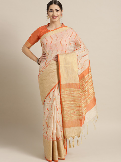 

Saree mall Cream-Coloured & Orange Embroidered Saree