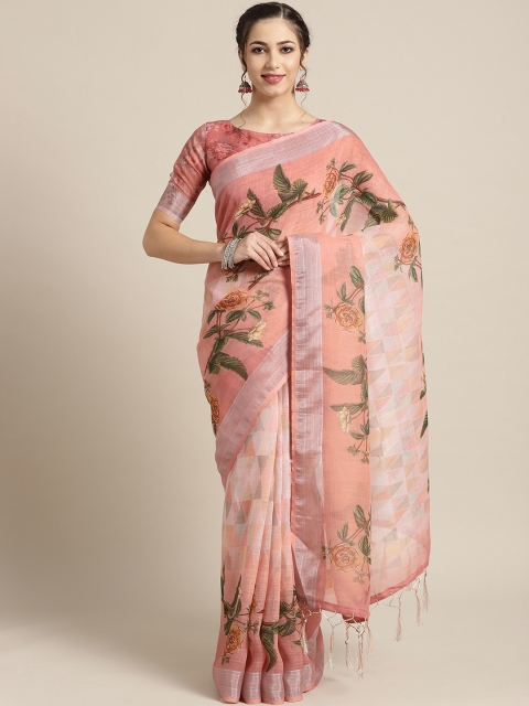 

Saree mall Peach-Coloured & Green Printed Saree