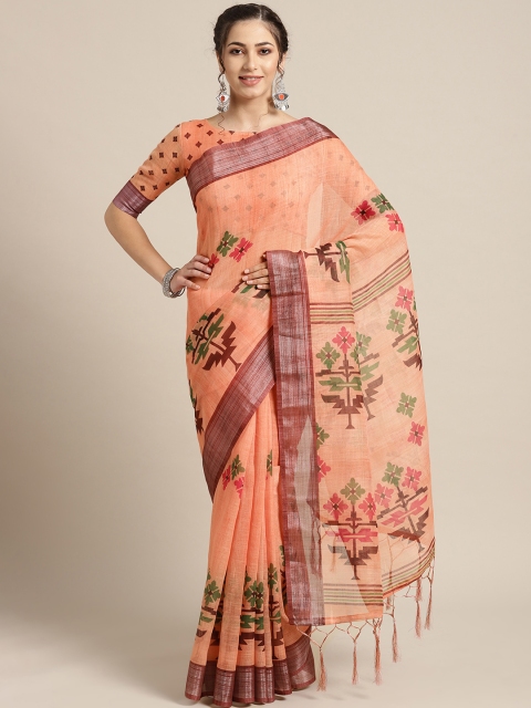 

Saree mall Peach-Coloured & Green Printed Saree