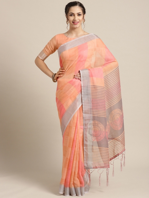 

Saree mall Peach-Coloured & Pink Checked Saree