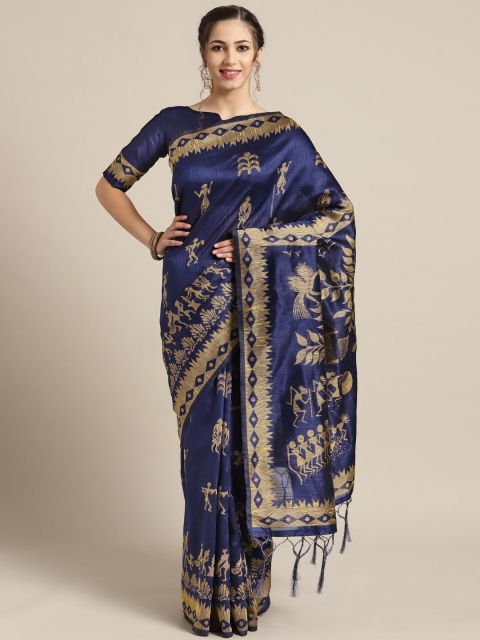 

Saree mall Navy Blue & Beige Woven Design Saree