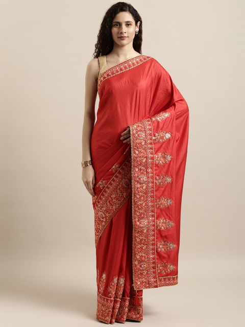 

Indian Women Red Embroidered Poly Silk Saree