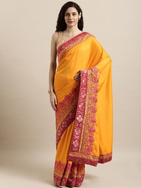 

Indian Women Mustard Yellow Solid Poly Silk Saree