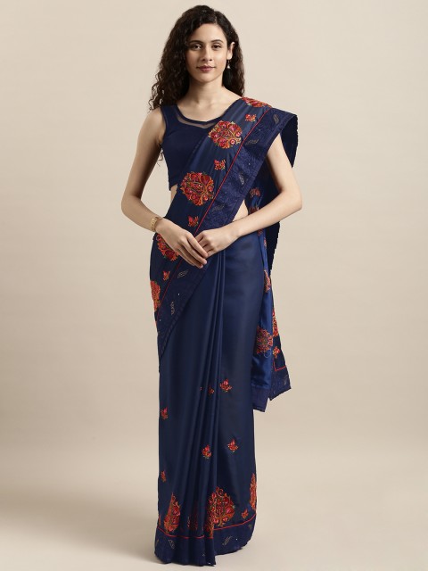 

Indian Women Navy Blue & Red Poly Silk Embroidered Saree
