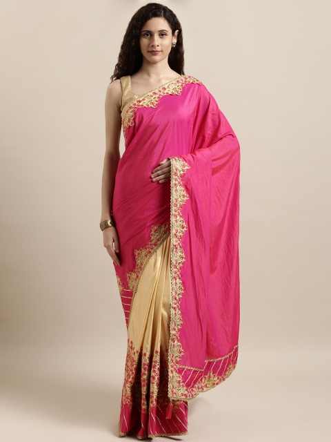

Indian Women Pink & Gold-Toned Poly Silk Embroidered Saree