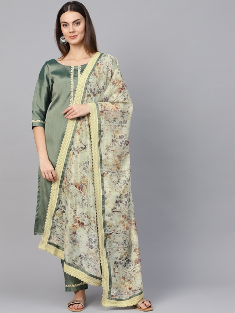 

Inddus Women Green & Cream-Coloured Solid Kurta with Trousers & Dupatta