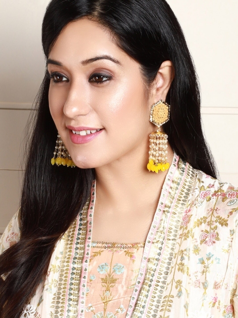 

Rubans Gold-Toned & Yellow Floral Jhumkas