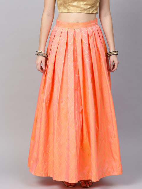 

Inddus Women Coral Orange & Pink Dual-Toned Self Design Flared Maxi Skirt