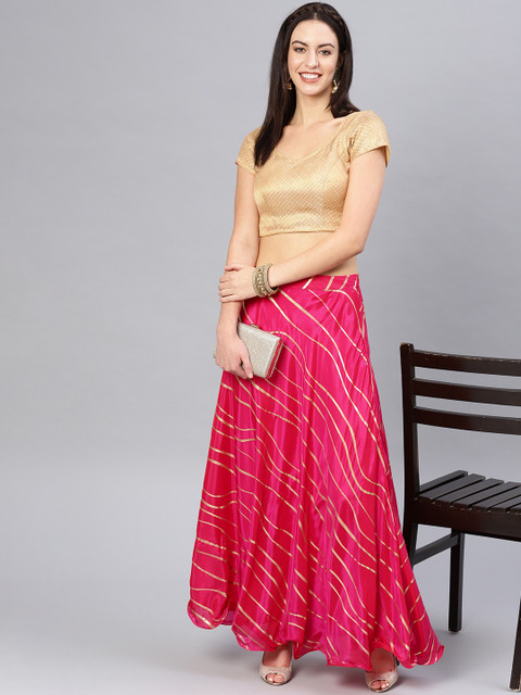 

Inddus Women Pink & Red Dual-Toned Foil Print Striped Flared Maxi Skirt