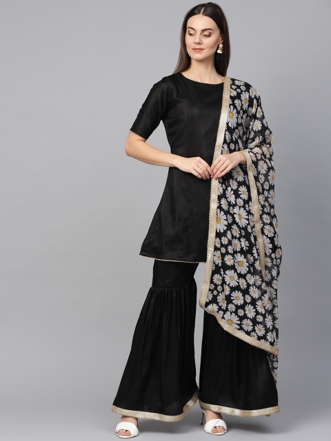 

Inddus Women Black Solid Kurti with Sharara & Dupatta