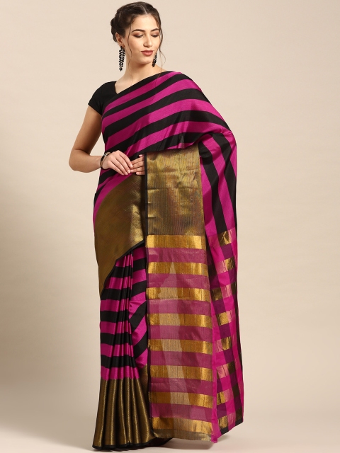 

7Rainbow Pink Black Striped Woven Design Uppada Saree