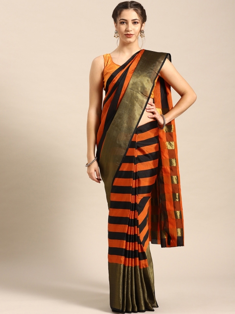 

7Rainbow Orange Black Striped Woven Design Uppada Saree