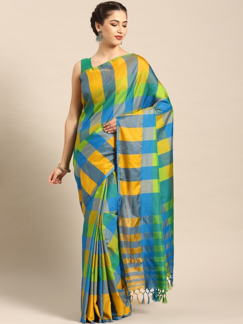 

7Rainbow Lime Blue & Green Checked Cotton Silk Saree