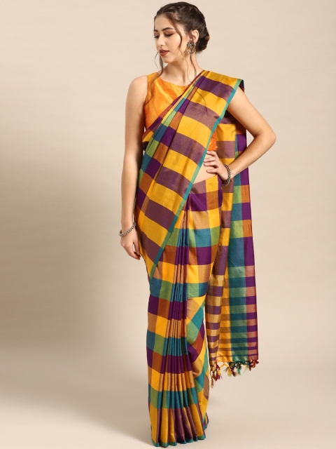 

7Rainbow Mustard Yellow Purple checked Woven Design Uppada Saree