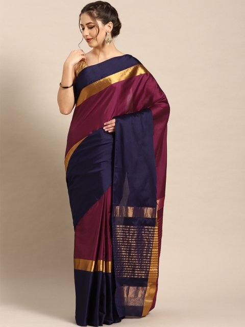 

7Rainbow Purple Navy Blue Colourblocked Woven Design Saree