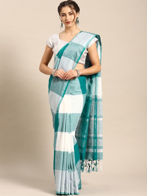 

7Rainbow White Teal Blue Checked Woven Design Saree
