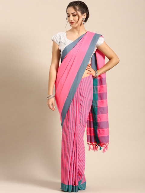 

7Rainbow Pink Green striped Woven Design Khadi Saree