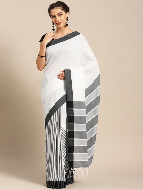 

7Rainbow White Grey Striped Woven Design Khadi Saree
