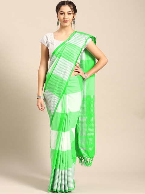

7Rainbow Fluorescent Green White Checked Woven Design Saree