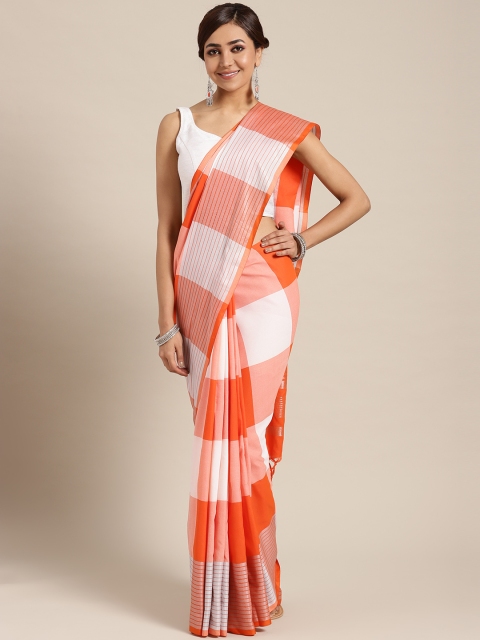 

7Rainbow Orange Grey Checked Woven Design Saree