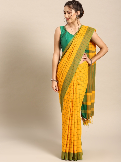 

7Rainbow Yellow Green Checked Woven Design Ikat Saree