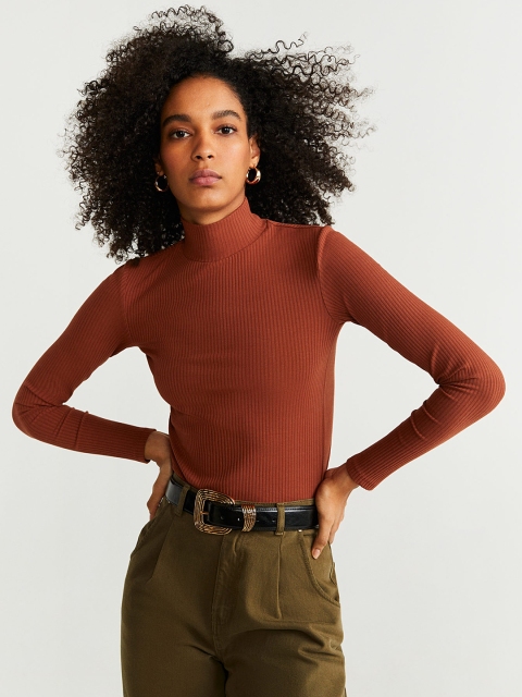 

MANGO Women Rust Brown Ribbed Fitted Top