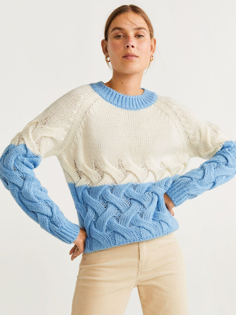 

MANGO Women Off-White & Blue Colourblocked Pullover