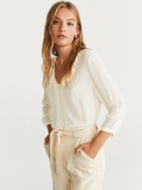 

MANGO Women Cream-Coloured Self-Design Top