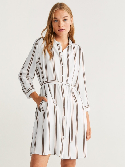 

MANGO Women White & Brown Striped Shirt Dress